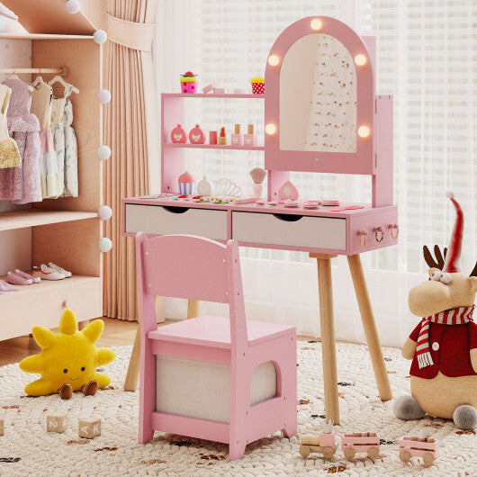 Kids Vanity Set Pretend Play Dressing Table Set with 3-Color Lighting Modes Adjustable Brightness and Mirror Cabinet-Pink