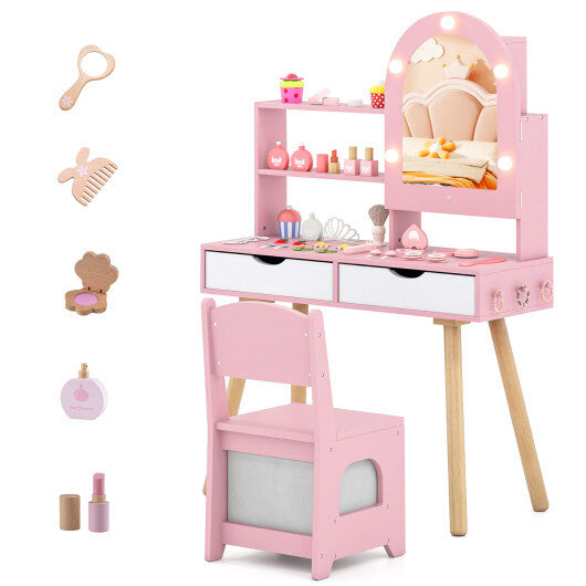 Kids Vanity Set Pretend Play Dressing Table Set with 3-Color Lighting Modes Adjustable Brightness and Mirror Cabinet-Pink