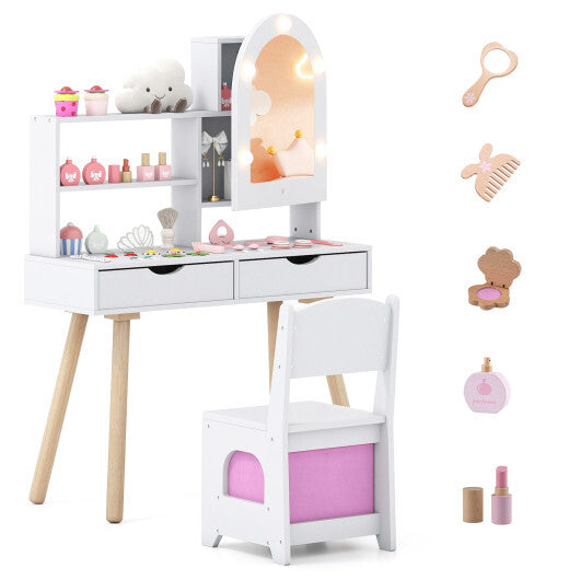 Kids Vanity Set Pretend Play Dressing Table Set with 3-Color Lighting Modes Adjustable Brightness and Mirror Cabinet-Pink