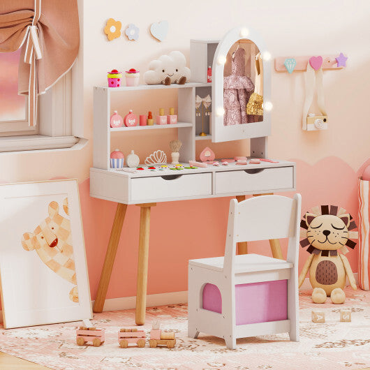 Kids Vanity Set Pretend Play Dressing Table Set with 3-Color Lighting Modes Adjustable Brightness and Mirror Cabinet-Pink