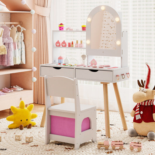 Kids Vanity Set Pretend Play Dressing Table Set with 3-Color Lighting Modes Adjustable Brightness and Mirror Cabinet-Pink
