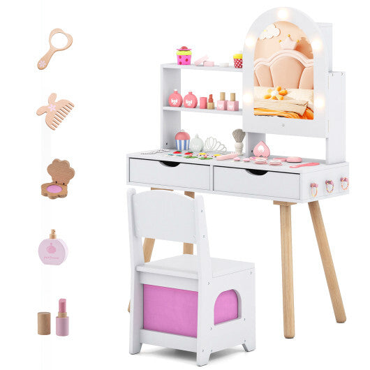Kids Vanity Set Pretend Play Dressing Table Set with 3-Color Lighting Modes Adjustable Brightness and Mirror Cabinet-Pink