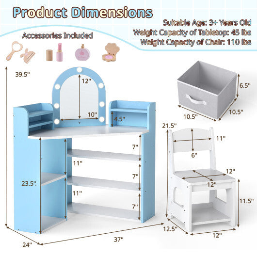 2-In-1 Kids Vanity Set with Lights for Toddlers 3+ Years Old-White W2B