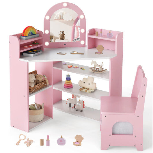 2-In-1 Kids Vanity Set with Lights for Toddlers 3+ Years Old-White W2B