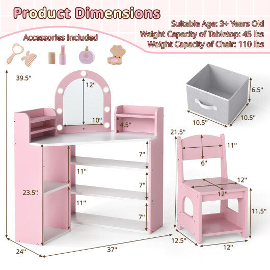2-In-1 Kids Vanity Set with Lights for Toddlers 3+ Years Old-White W2B