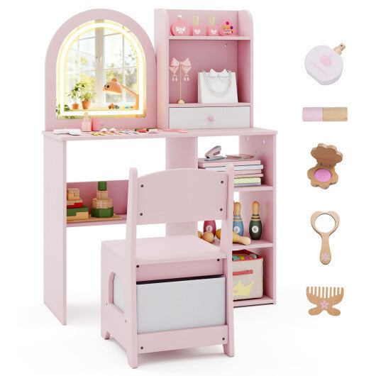 Kids Vanity Set Princess Girls Makeup Vanity Desk with Chair and 3-Color LED Lighted Mirror-Pink W2B