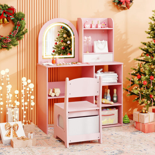 Kids Vanity Set Princess Girls Makeup Vanity Desk with Chair and 3-Color LED Lighted Mirror-Pink W2B