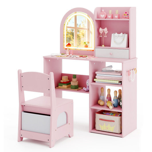Kids Vanity Set Princess Girls Makeup Vanity Desk with Chair and 3-Color LED Lighted Mirror-Pink