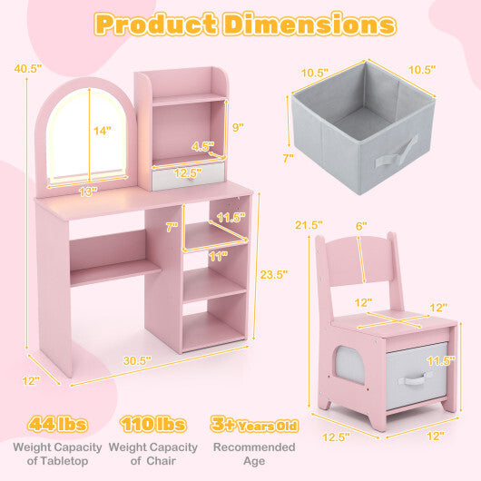 Kids Vanity Set Princess Girls Makeup Vanity Desk with Chair and 3-Color LED Lighted Mirror-Pink