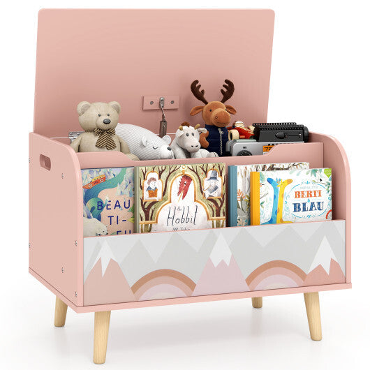 Kids Wooden Toy Box with Front Bookshelf and 4 Solid Wood Legs for Playroom-White W2B