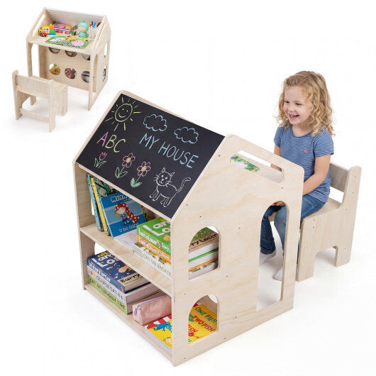 House-shaped Wooden Activity Kids Table Chair Set-Natural W2B