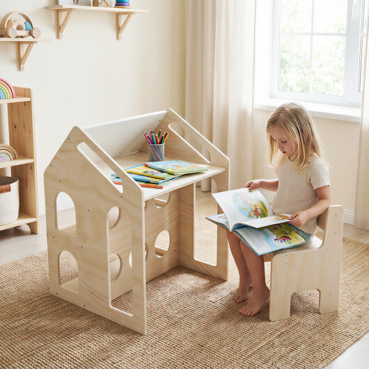 House-shaped Wooden Activity Kids Table Chair Set-Natural W2B