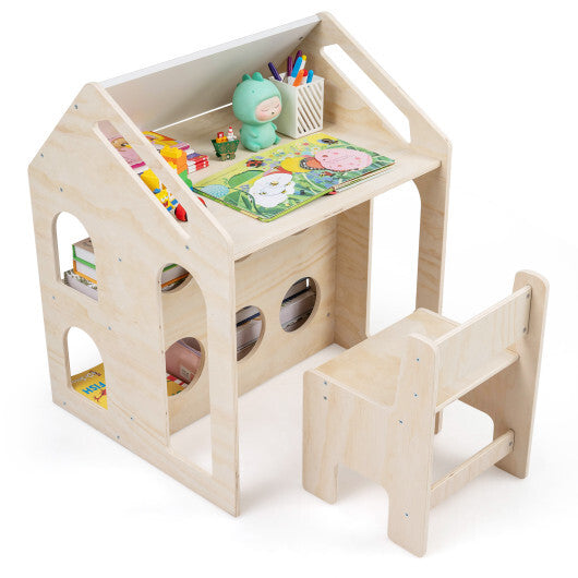 House-shaped Wooden Activity Kids Table Chair Set-Natural W2B
