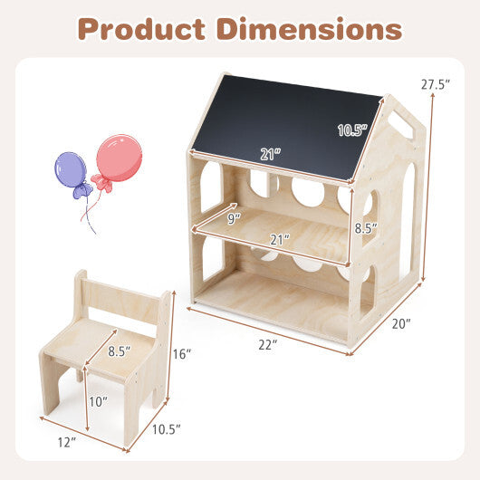 House-shaped Wooden Activity Kids Table Chair Set-Natural W2B