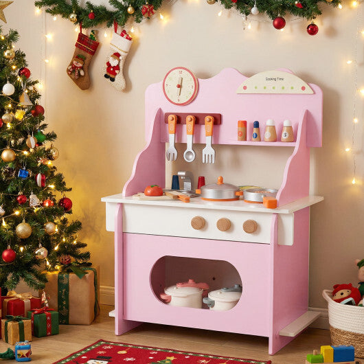 Wooden Play Kitchen for Kids Pretend Play Toy Kitchen Set with Clock Gift for Boys and Girls 3 +Pink W2B