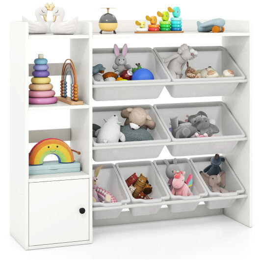 Kids Toy Storage and Bookshelf with Open Shelves and Single-door Cabinet-White W2B