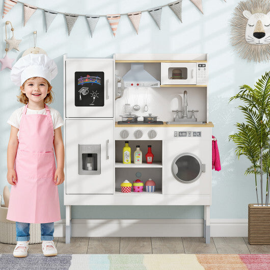 Pretend Play Kitchen Toy Kitchen Playset with Range Hood Ice Maker and Telephone-White