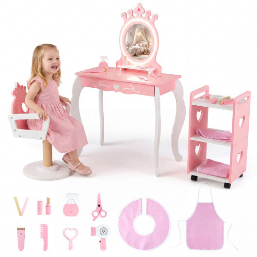 Kids Hair Salon Play Set with LED Lighted Mirror Wooden Pretend Hair Salon Station with Swivel Barber Chair-Pink W2B