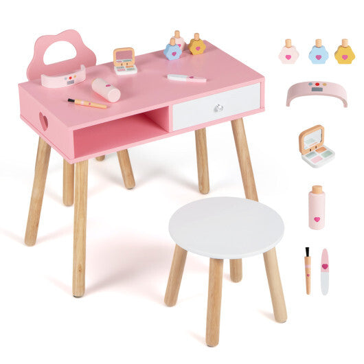 Kids Pretend Nail Salon Playset with Chair and Stool Wooden Toddlers Makeup and Manicure Kit with Eye Shadow-Pink W2B