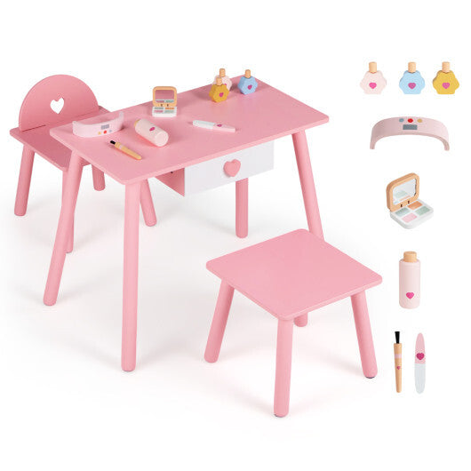 Kids Pretend Nail Salon Playset with Wooden Toddlers Makeup - Pink W2B