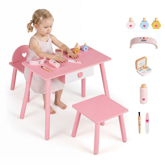 Kids Pretend Nail Salon Playset with Wooden Toddlers Makeup - Pink W2B