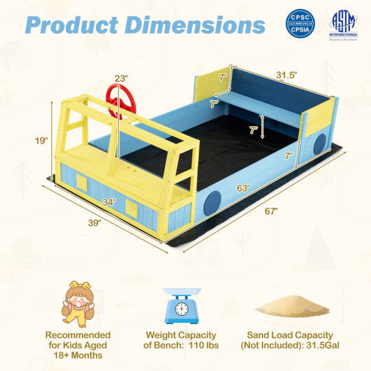Large Car-Theme Sand Box with Bottom Liner and Fir Wood Frame-Blue W2B