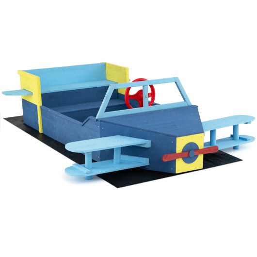 Large Wooden Kids Sandbox with Bottom Liner and Bench Seat-Blue W2B