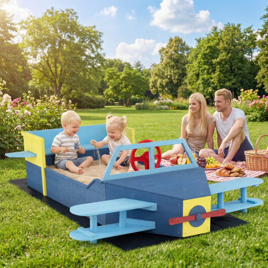 Large Wooden Kids Sandbox with Bottom Liner and Bench Seat-Blue W2B