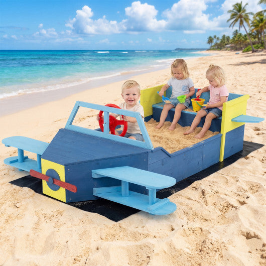 Large Wooden Kids Sandbox with Bottom Liner and Bench Seat-Blue W2B