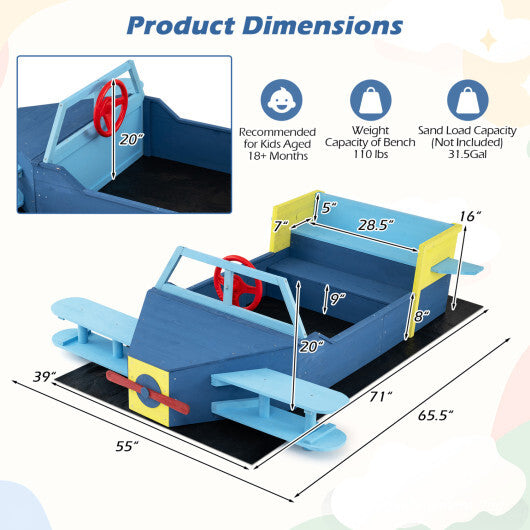 Large Wooden Kids Sandbox with Bottom Liner and Bench Seat-Blue W2B