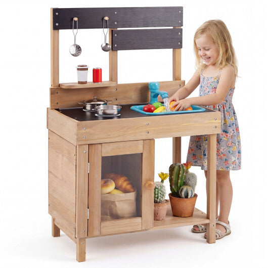 Wooden Play Pretend Kitchen with Stoves Storage Cabinet and Shelf W2B
