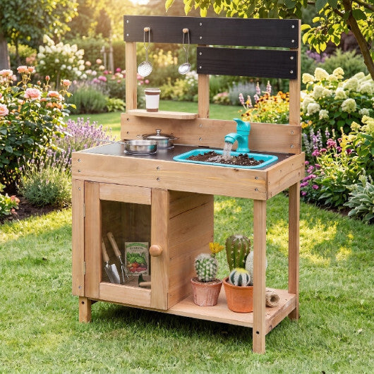Wooden Play Pretend Kitchen with Stoves Storage Cabinet and Shelf W2B