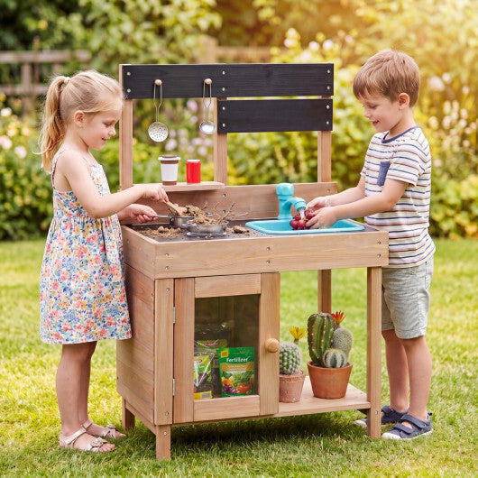 Wooden Play Pretend Kitchen with Stoves Storage Cabinet and Shelf W2B