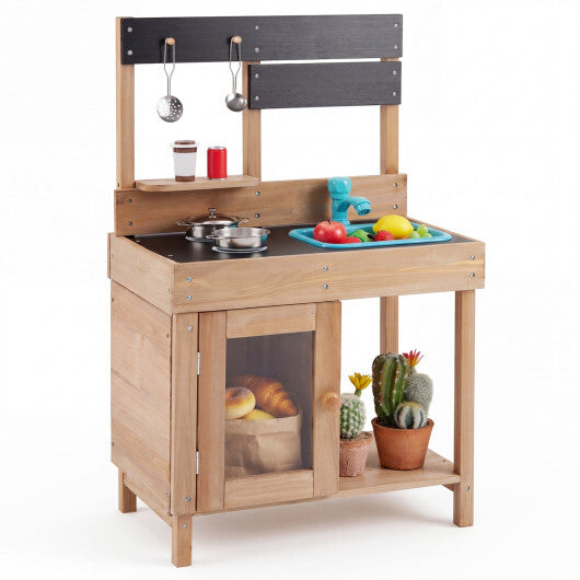 Wooden Play Pretend Kitchen with Stoves Storage Cabinet and Shelf W2B