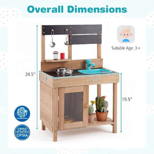 Wooden Play Pretend Kitchen with Stoves Storage Cabinet and Shelf W2B