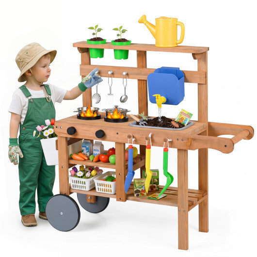 Kids Mud Kitchen with Water Tank and Sink and 15 Accessories for Ages 3+-Natural W2B
