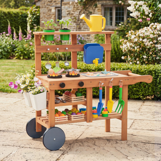 Kids Mud Kitchen with Water Tank and Sink and 15 Accessories for Ages 3+-Natural W2B