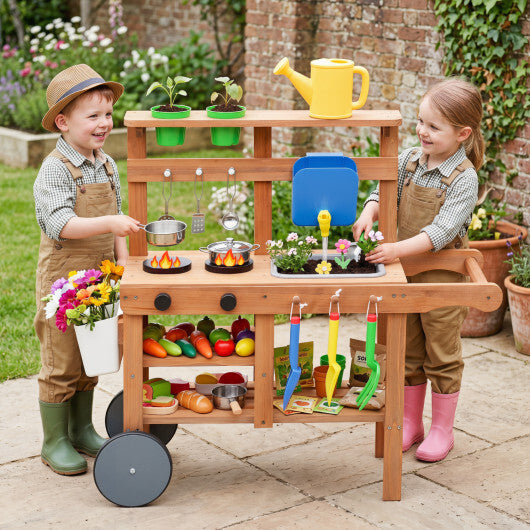 Kids Mud Kitchen with Water Tank and Sink and 15 Accessories for Ages 3+-Natural W2B