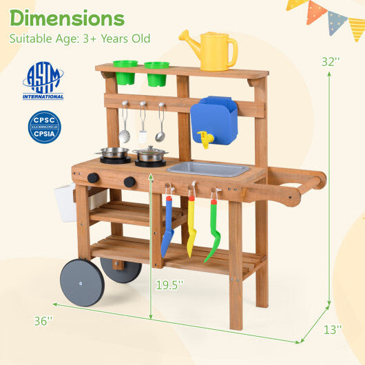 Kids Mud Kitchen with Water Tank and Sink and 15 Accessories for Ages 3+-Natural W2B