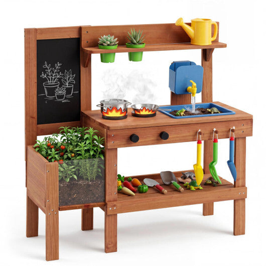 Kids Mud Kitchen with Planter Box and Sink and 13 Accessories for Ages 3+-Natural W2B