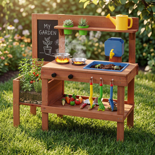 Kids Mud Kitchen with Planter Box and Sink and 13 Accessories for Ages 3+-Natural W2B