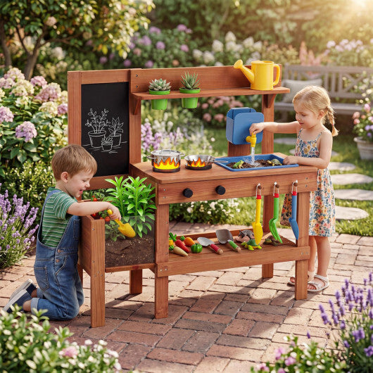 Kids Mud Kitchen with Planter Box and Sink and 13 Accessories for Ages 3+-Natural W2B