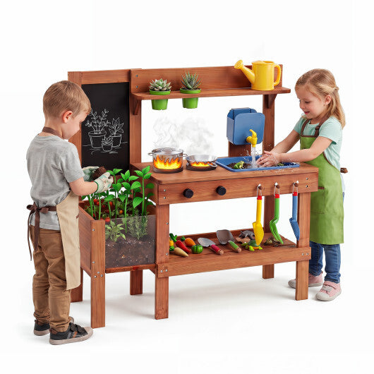 Kids Mud Kitchen with Planter Box and Sink and 13 Accessories for Ages 3+-Natural W2B