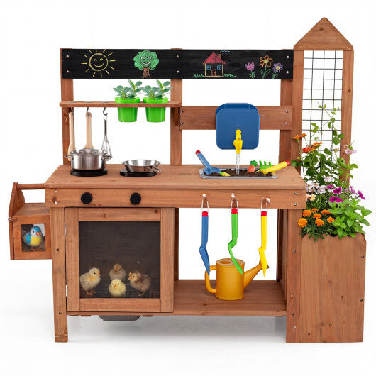 Outdoor Wooden Mud Kitchen with Planter Box and Sink for Toddlers-Natural W2B