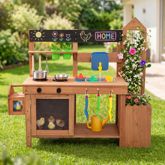 Outdoor Wooden Mud Kitchen with Planter Box and Sink for Toddlers-Natural W2B