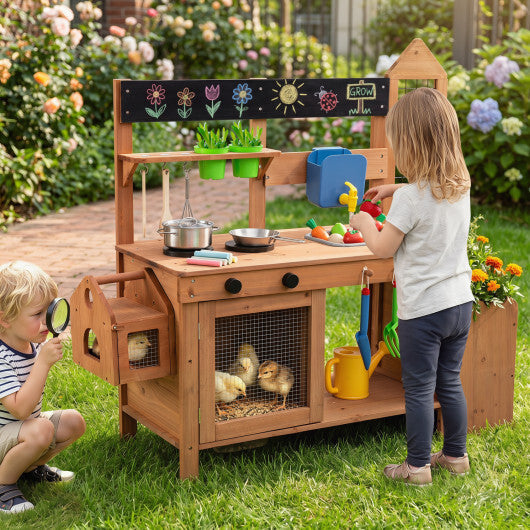 Outdoor Wooden Mud Kitchen with Planter Box and Sink for Toddlers-Natural W2B
