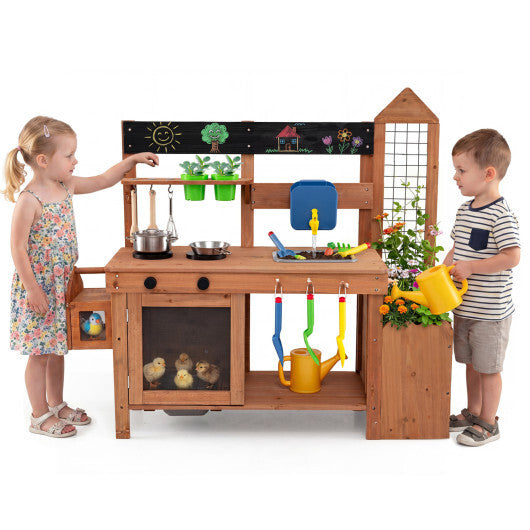 Outdoor Wooden Mud Kitchen with Planter Box and Sink for Toddlers-Natural W2B