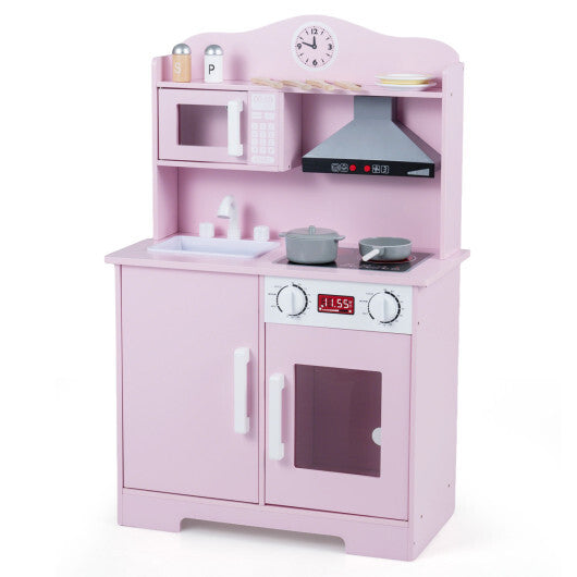 Play Kitchen for Kids Wooden Playset with Range Hood and Microwave-Pink W2B