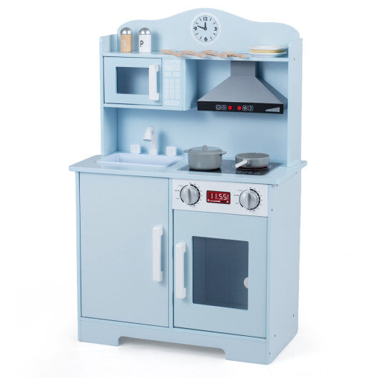 Play Kitchen for Kids Wooden Playset with Range Hood and Microwave-Pink W2B