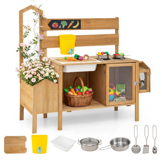 Mud Kitchen for Kids with Detachable Bird Cage and Stoves-Natural W2B